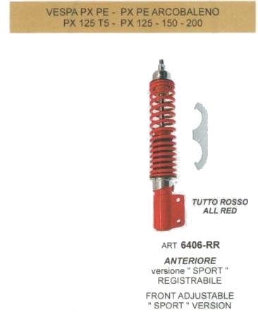 ART.6406-RR Ammortizzatore anteriore-VESPA PX PE -PX PE ARCOBALENO -PX125 T5-PX125-150-200 versione ''Sport'' registrabile tutto rosso-all red